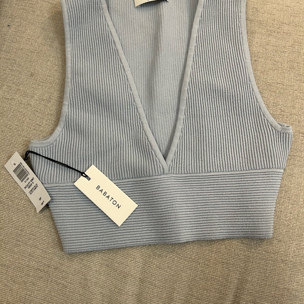 Babaton Pale Blue Ribbed V-Neck Crop Tank